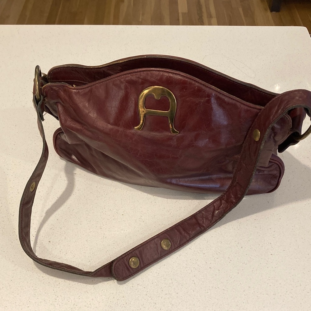 Etienne Aigner Maroon Leather Bag with Brass Detail